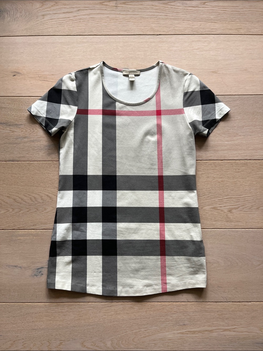 Burberry Cream Plaid Short-Sleeve Tee with Black and Red Accents